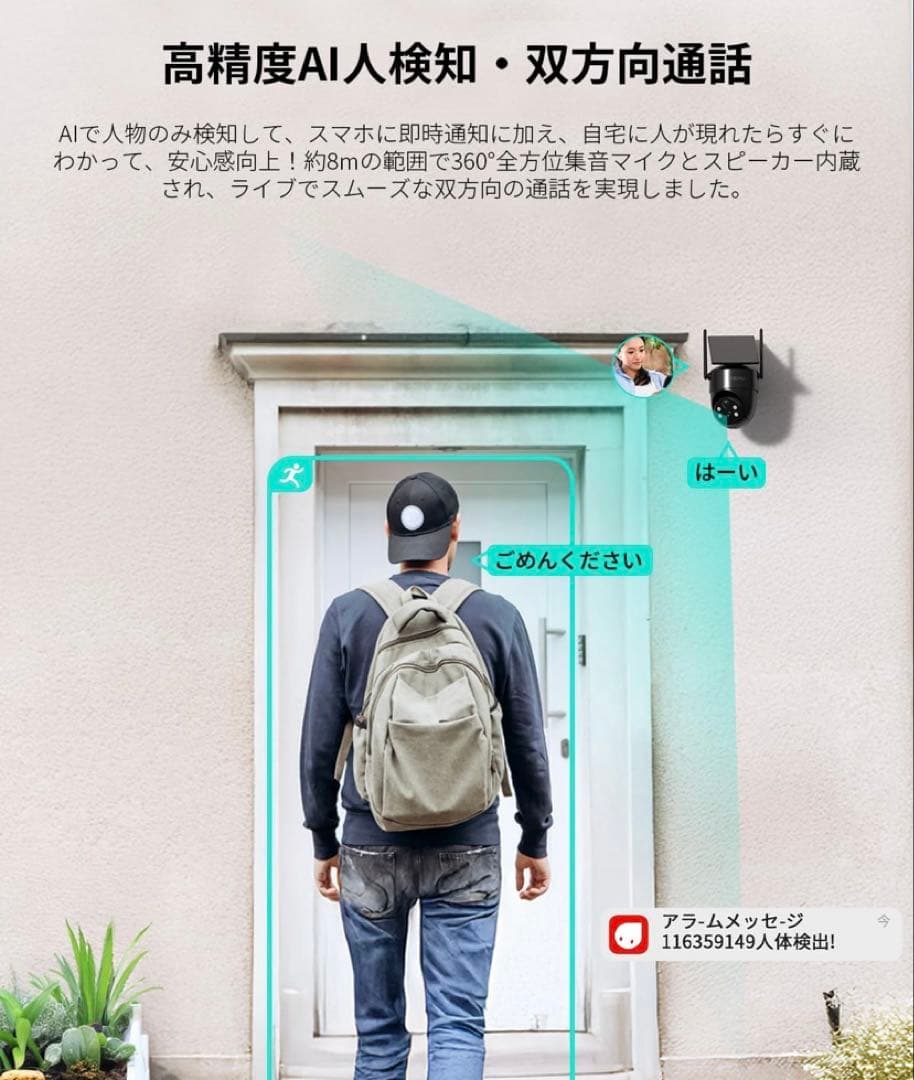 未使用屋外防犯カメラ ソーラー一体型完全ワイヤレス高画素人体検知 駐車場車庫対応