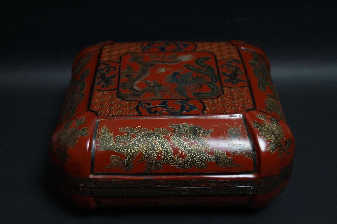 清 木製彫填漆塗 細工彫り『龍鳳凰文』金彩蒔絵 面取喰籠 蓋物 菓子器 /茶道具