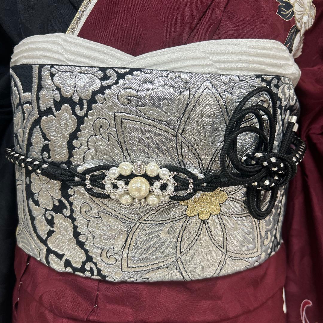 エンジと黒の染め分け牡丹と菊の振袖フルセット