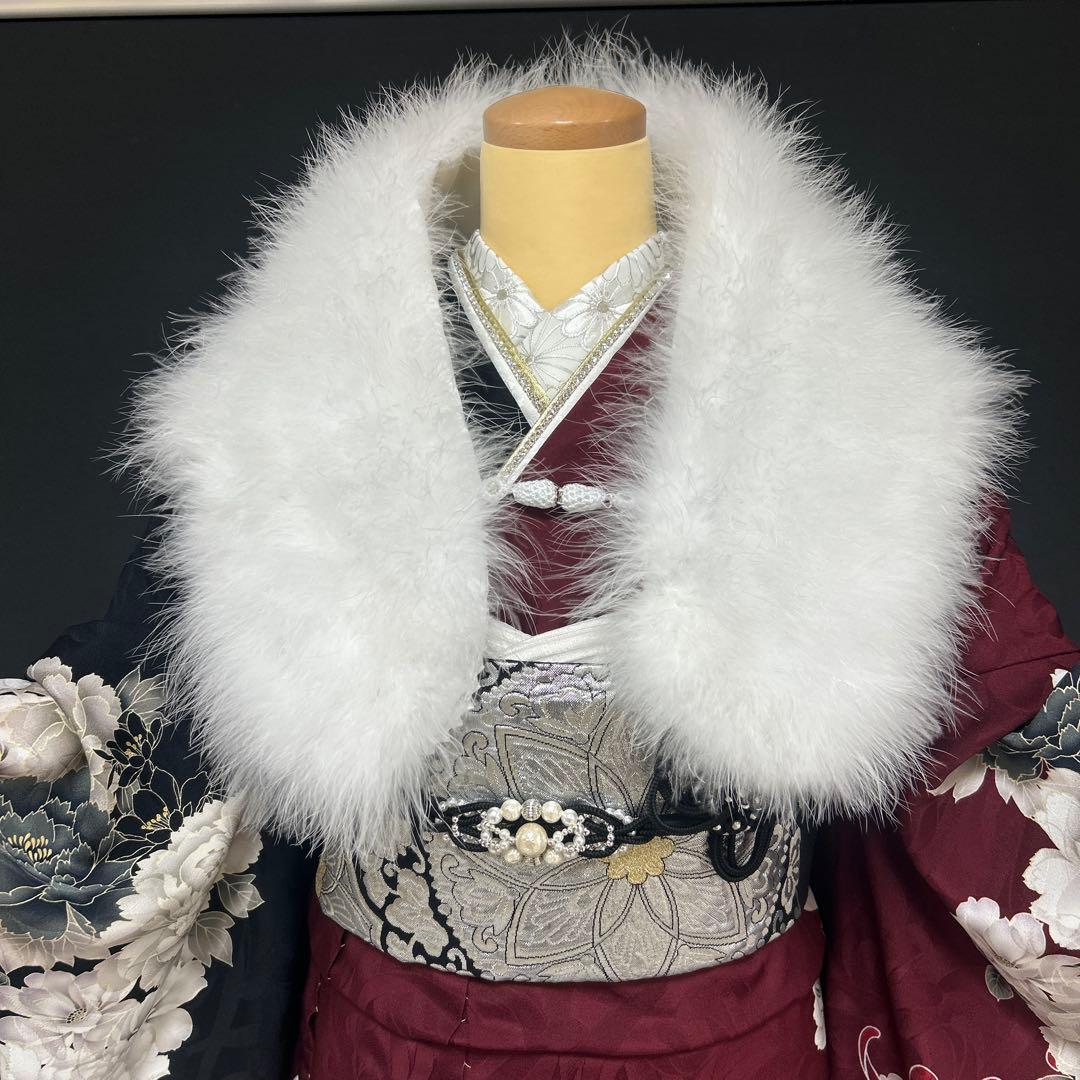 エンジと黒の染め分け牡丹と菊の振袖フルセット