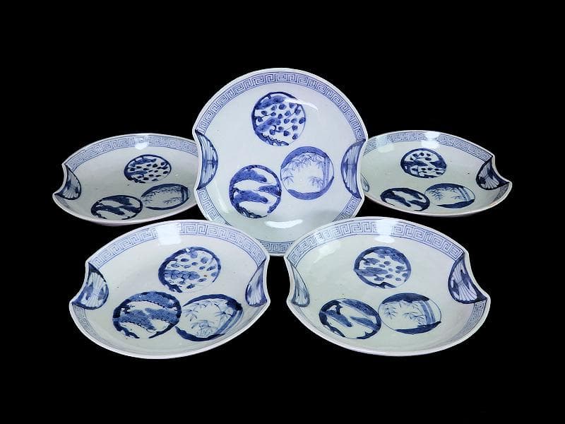 古伊万里　染付 丸紋に松竹梅の図　分銅型６寸皿　５枚　E674AS-CQl