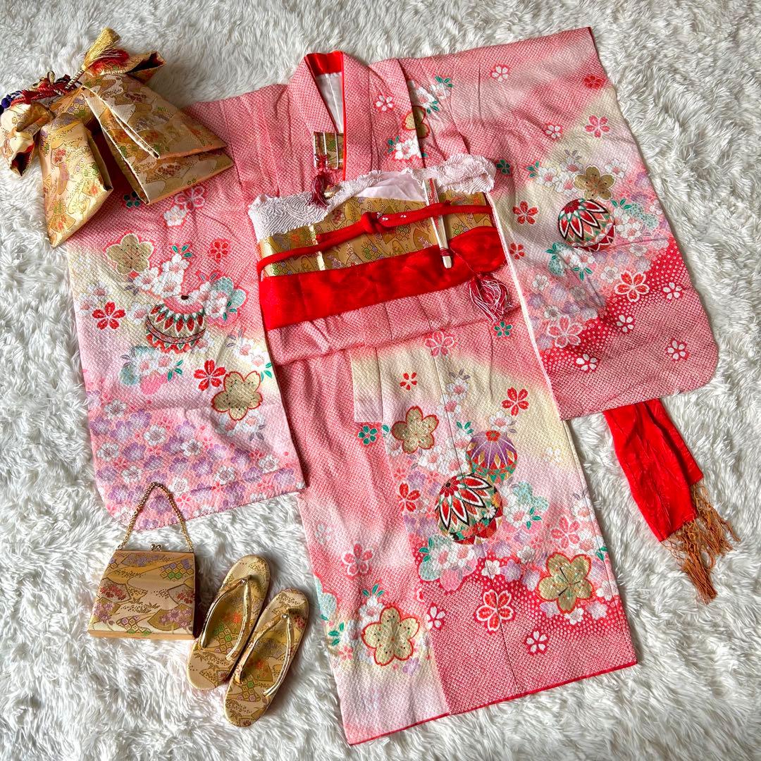 七五三 赤とピンクの花柄着物 作り帯 はこせこセット ７歳