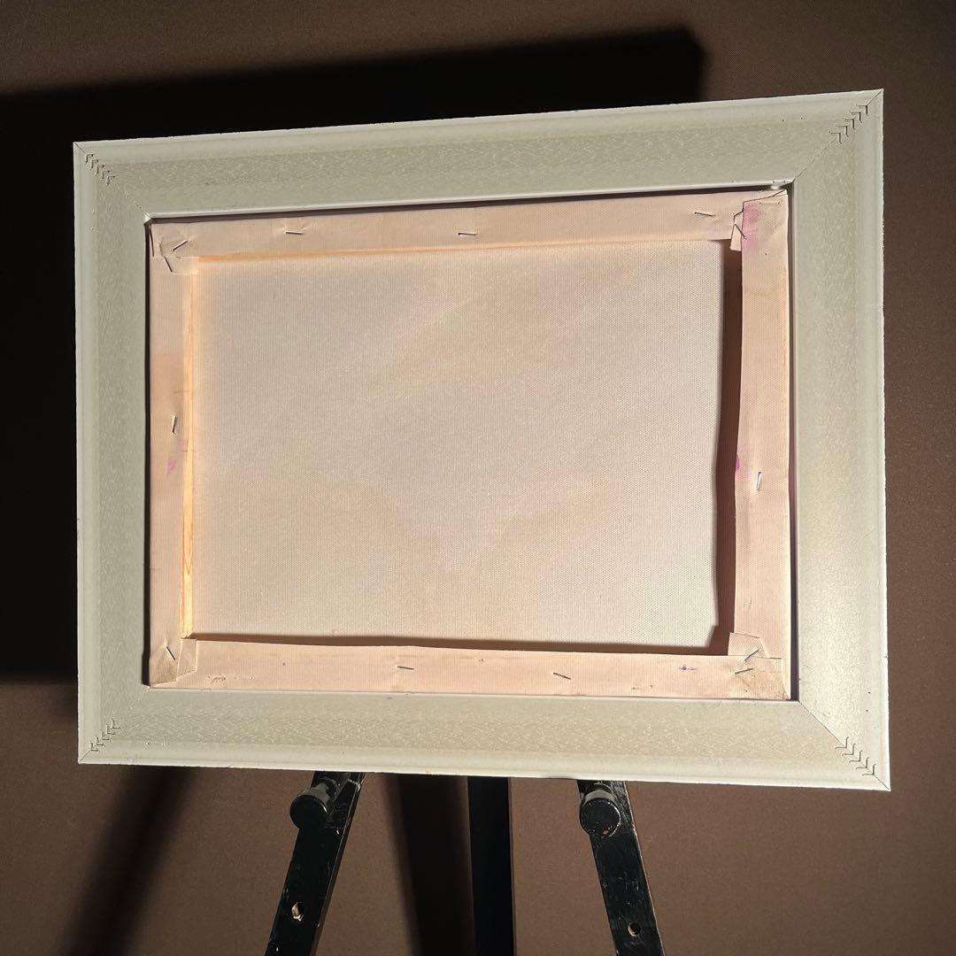 手書き油絵 湖と渡り鳥 額付き 肉筆絵画 インテリア 油彩画