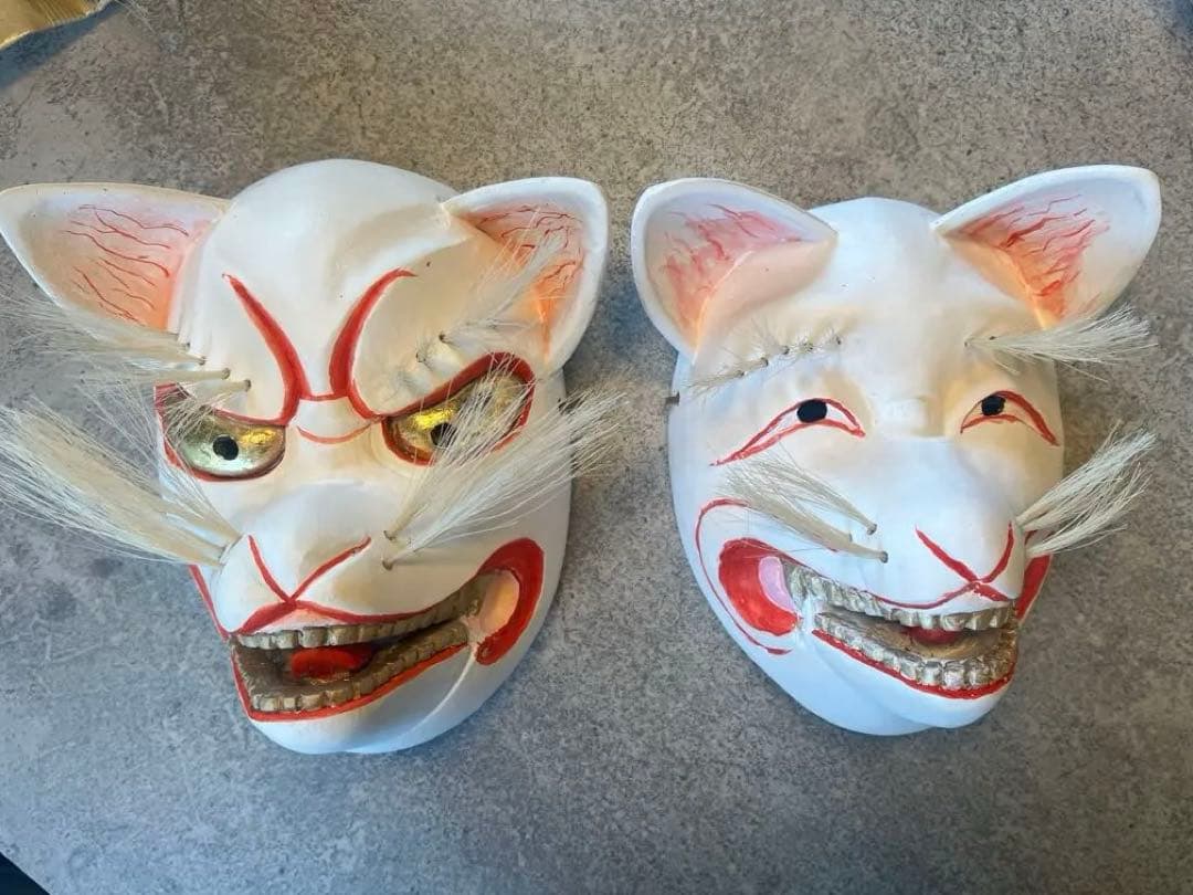 狐面（雄雌セット）木彫