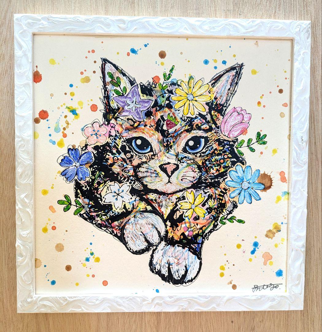 スイカ大サイズ✨手作り額付き作品「へい！お待ちニャンコ」