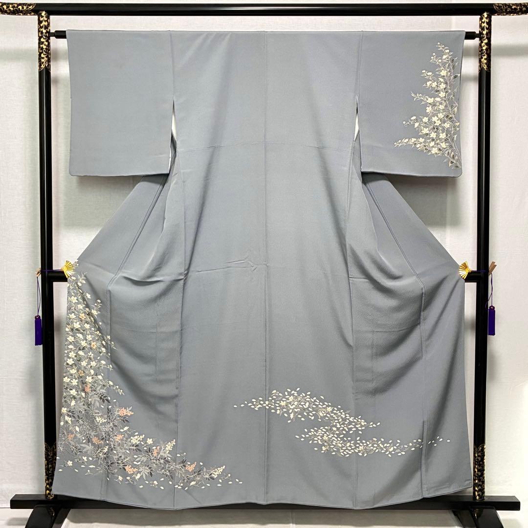 D81 訪問着 桜 手描き グレー ちりめん 縫い紋 正絹 着物 袷 極美品