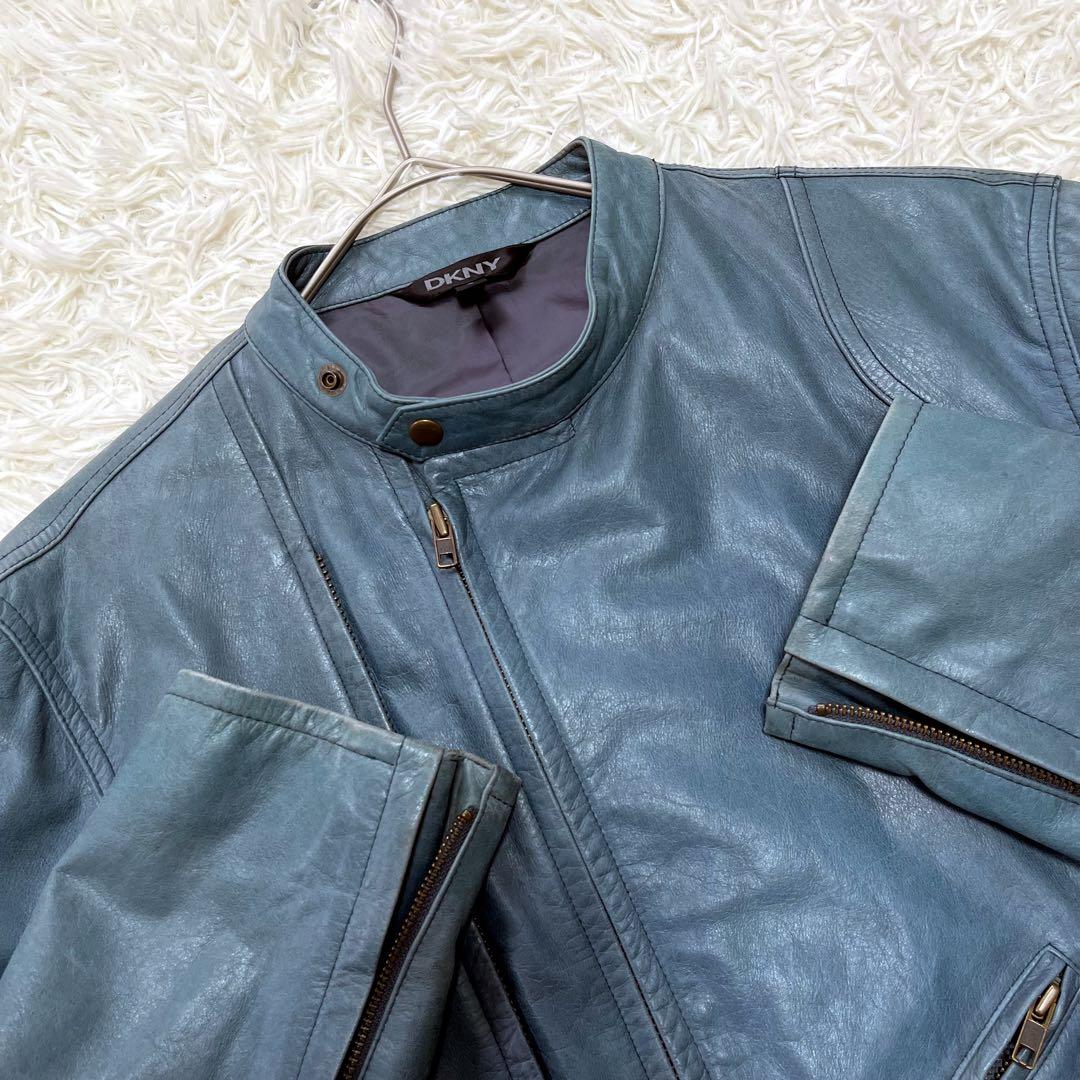 希少カラー✨DKNY 牛革レザージャケット　ライダース　シングル　ライトブルーL