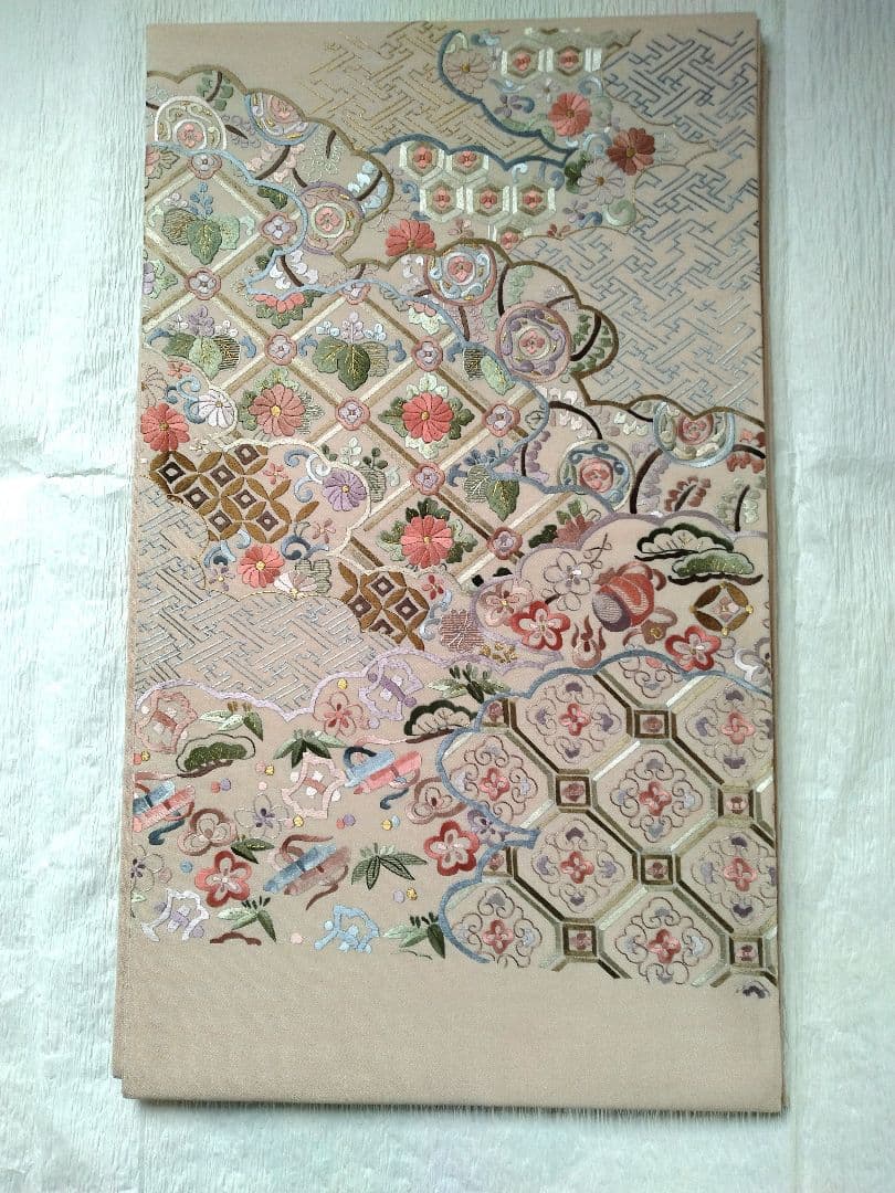 花柄刺繍 袋帯 ベージュ系
