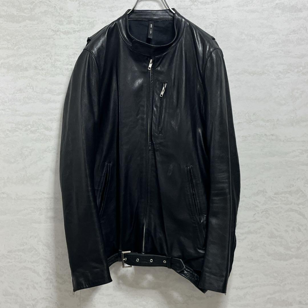美品『グラム』シングルライダースレザージャケット 羊革 ベルト ダブルジップ 黒