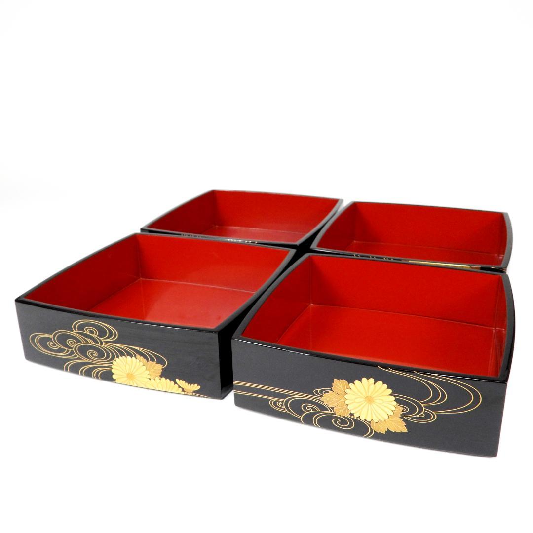 【まり】清光堂造 能登輪島塗 花筏蒔絵 四段重箱 台付 共箱