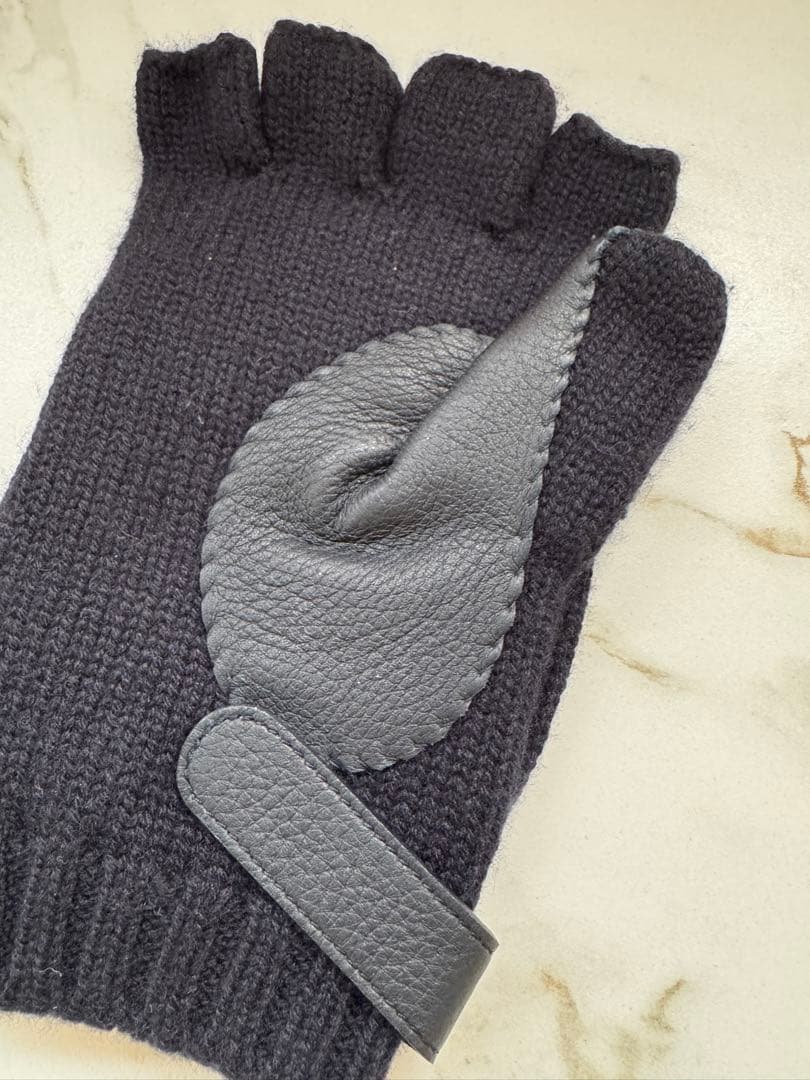 HERMES ダークネイビー 指なしグローブ カシミア×レザーLsize箱付