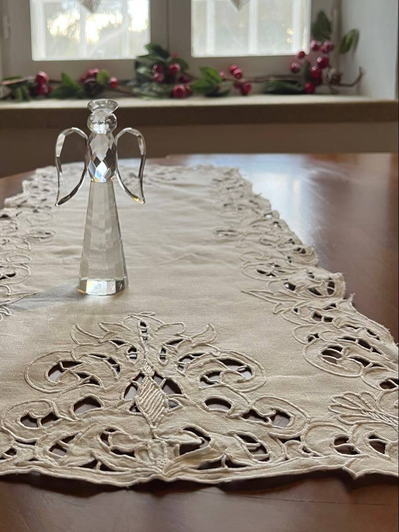 ◆フランスアンティーク｜希少・未使用の手刺繍センタークロス、レース長方形、ロング