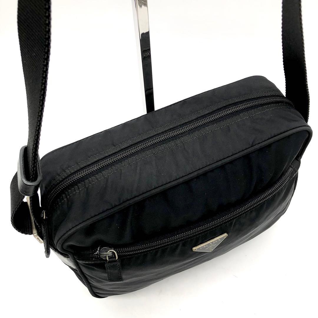 ✨美品✨プラダ ショルダーバッグ 三角ロゴ シルバー金具 ナイロン レザー 黒