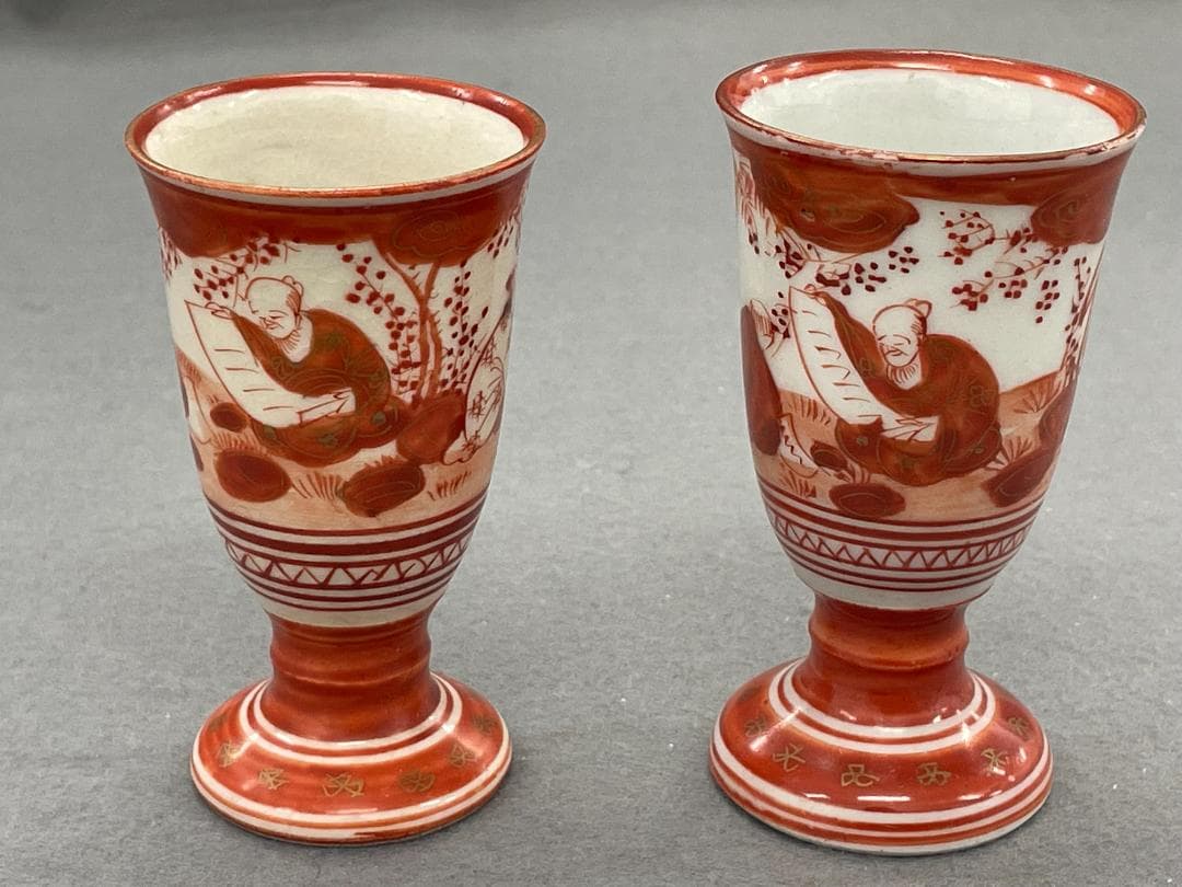 九谷焼 赤絵盃 酒盃 馬上杯 人物文人 幕末明治 2客