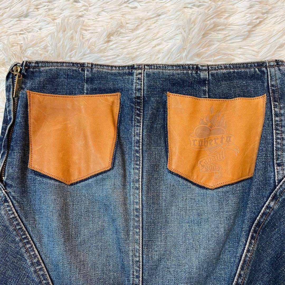 ロベルトカヴァリ ヴィンテージ デニム マーメイド スカート 革 ポケット 希少