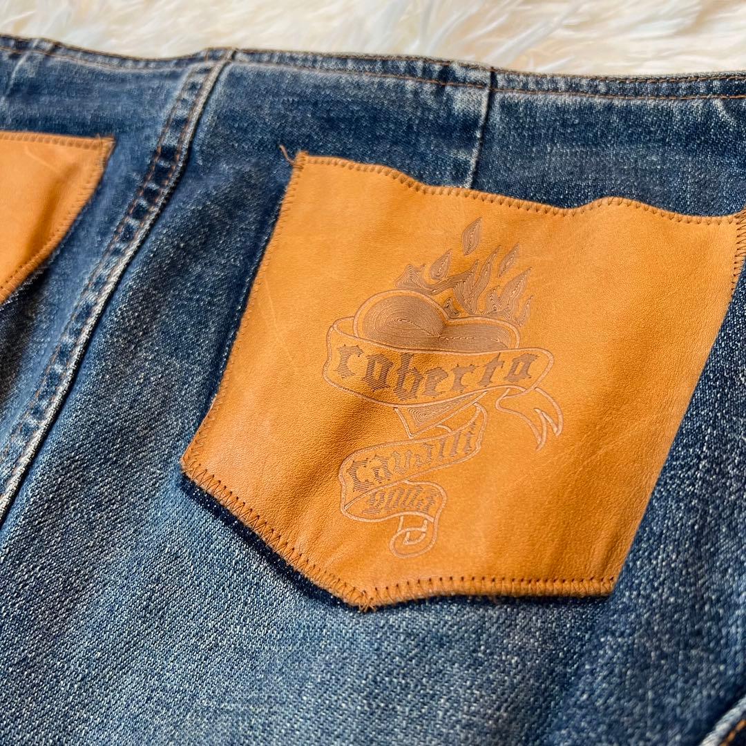 ロベルトカヴァリ ヴィンテージ デニム マーメイド スカート 革 ポケット 希少