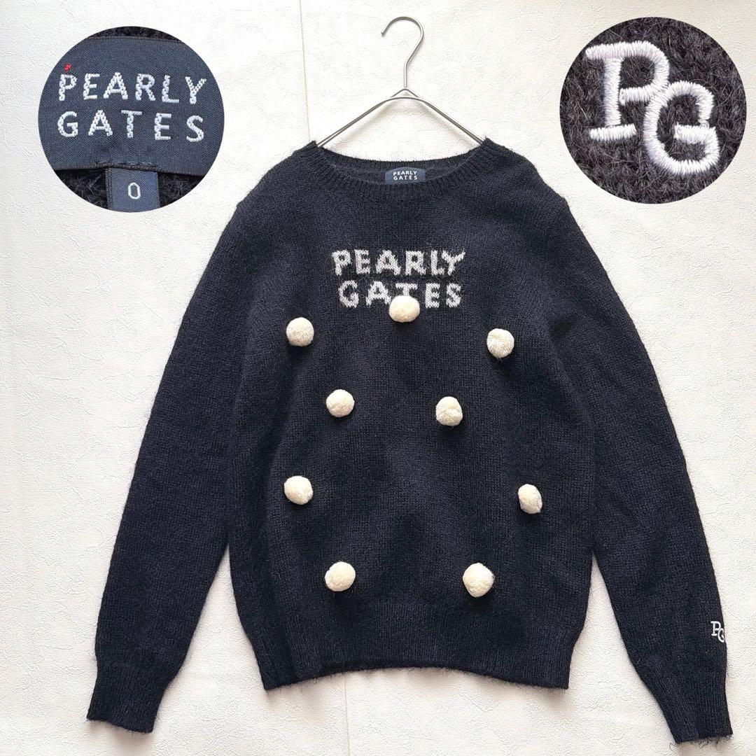 PEARLY GATES モヘア ニット セーター ロゴ刺繍 ポンポン 黒