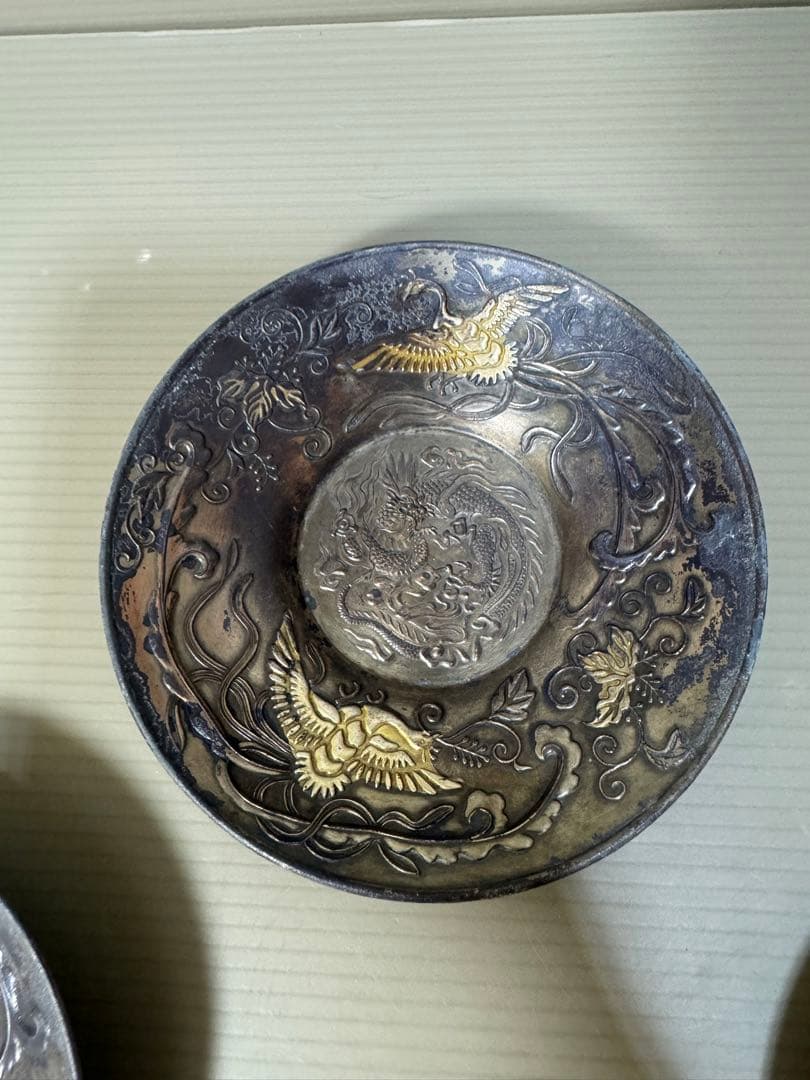 2257  時代　茶托　5客　龍文鳳凰　古銅　茶道具　金属工芸