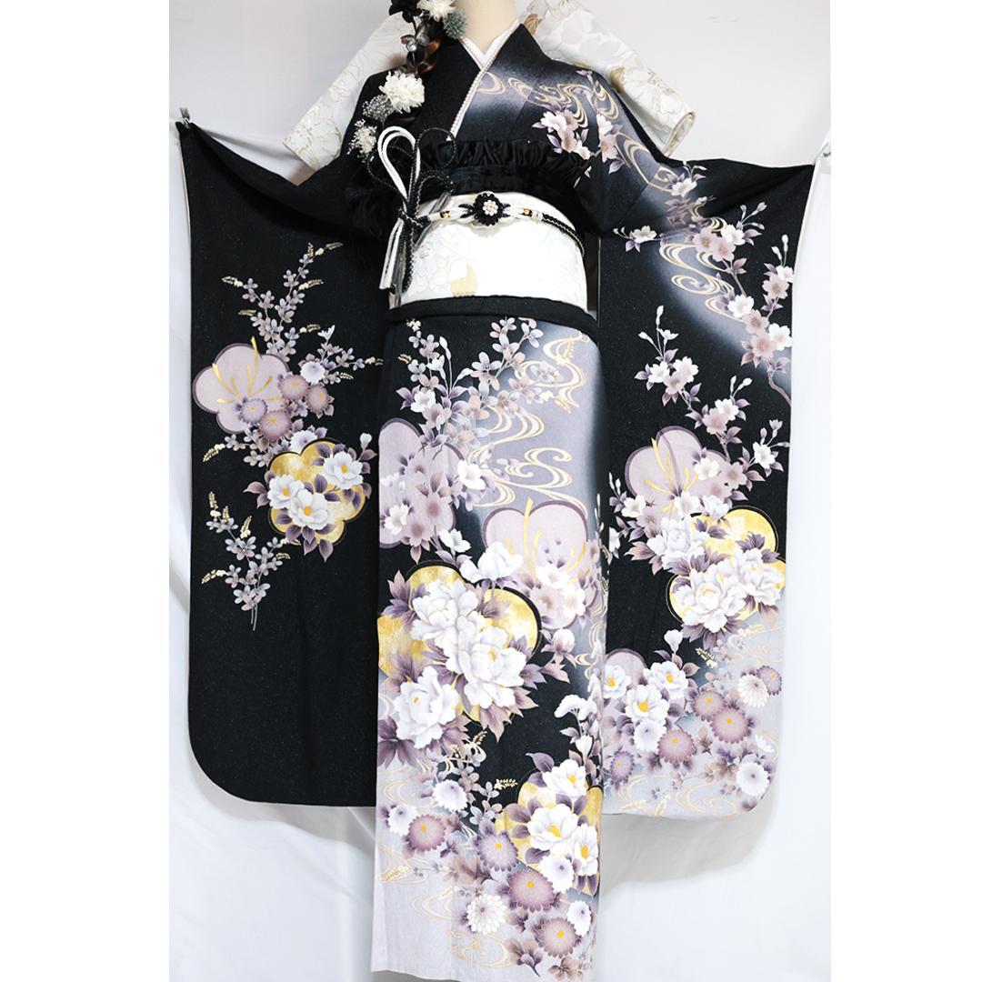 【美品】黒×くすみカラー振袖7点セット158cm帯新品フルセット成人式TU24