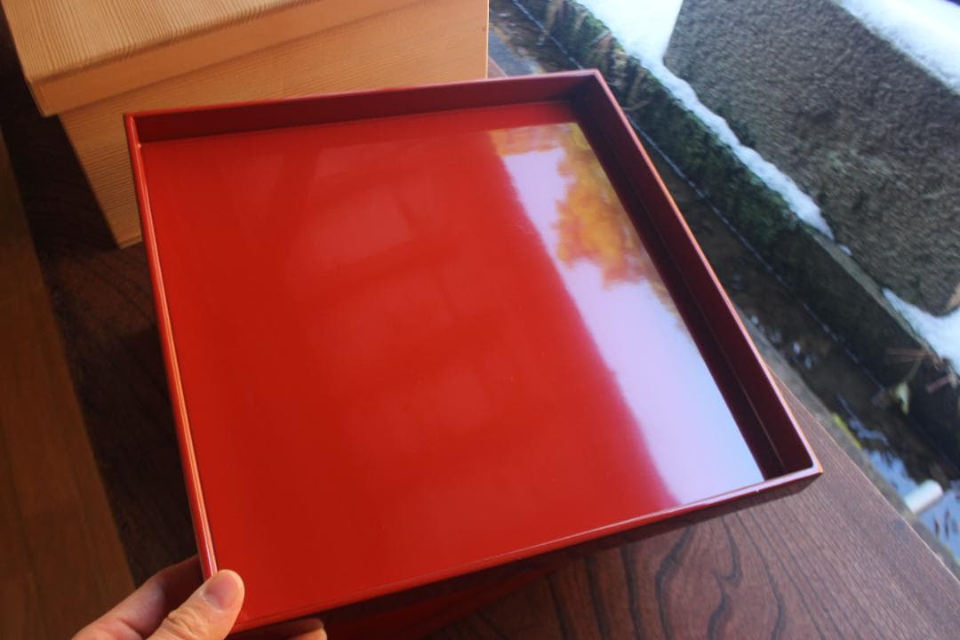 専用！！端正な隅不切デザインに極上朱漆の映える四方折敷5点（検京塗懐石道具