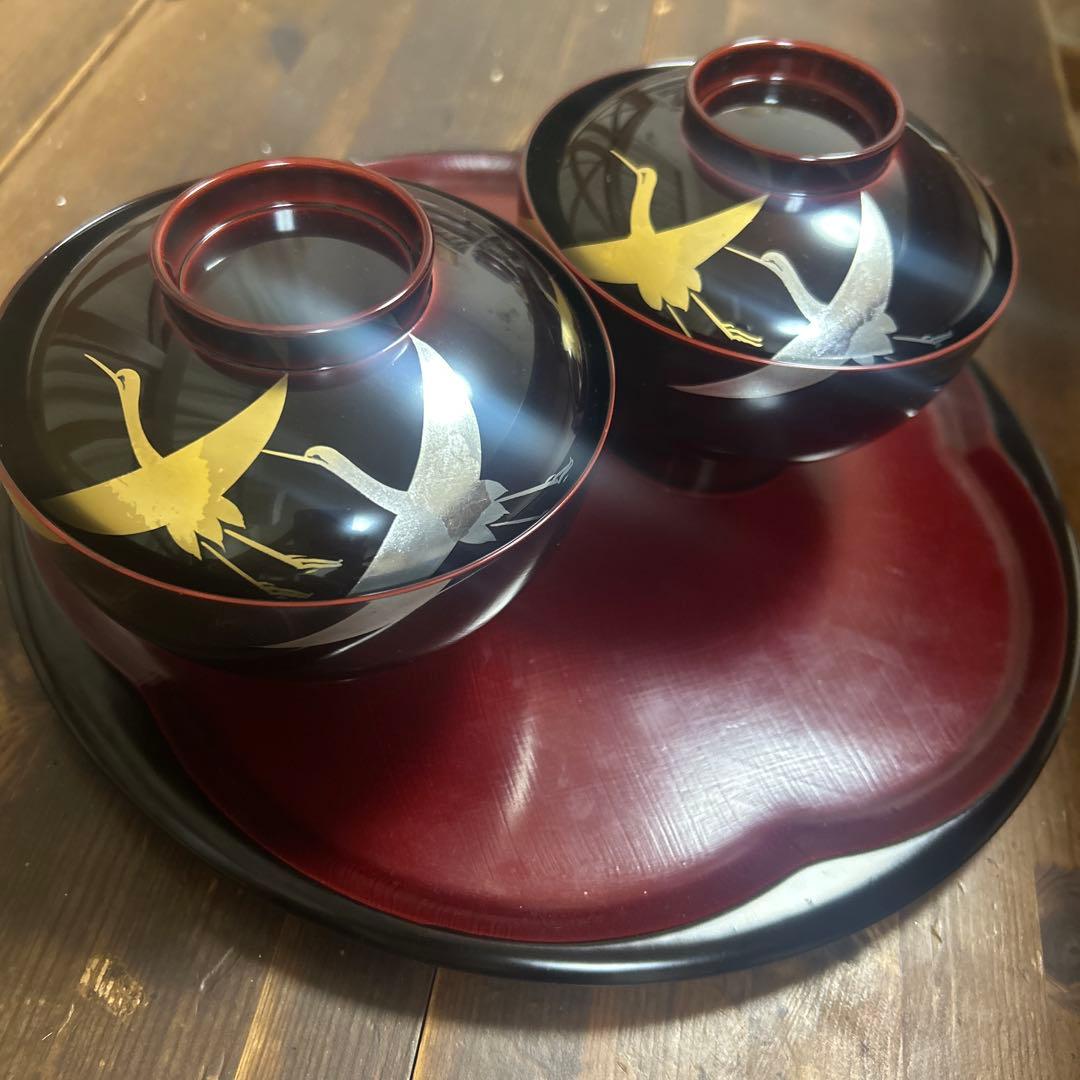 越前塗　千羽鶴雑煮椀 溜　蒔絵　本漆手塗り　ペア　箔鶴蒔絵　煮物椀