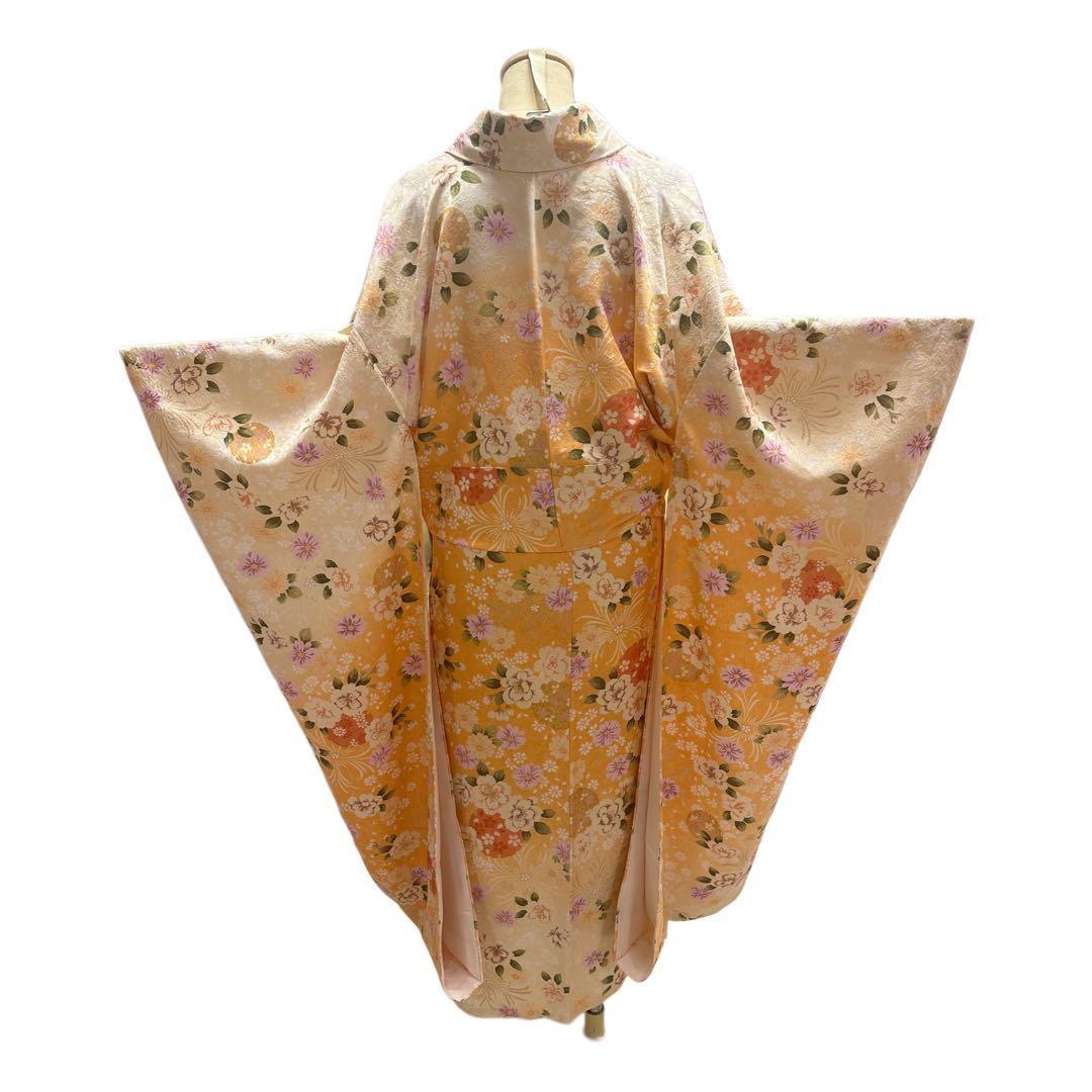 振袖 正絹 オレンジ 総柄 桜 金刺繍 オーロラ刺繍