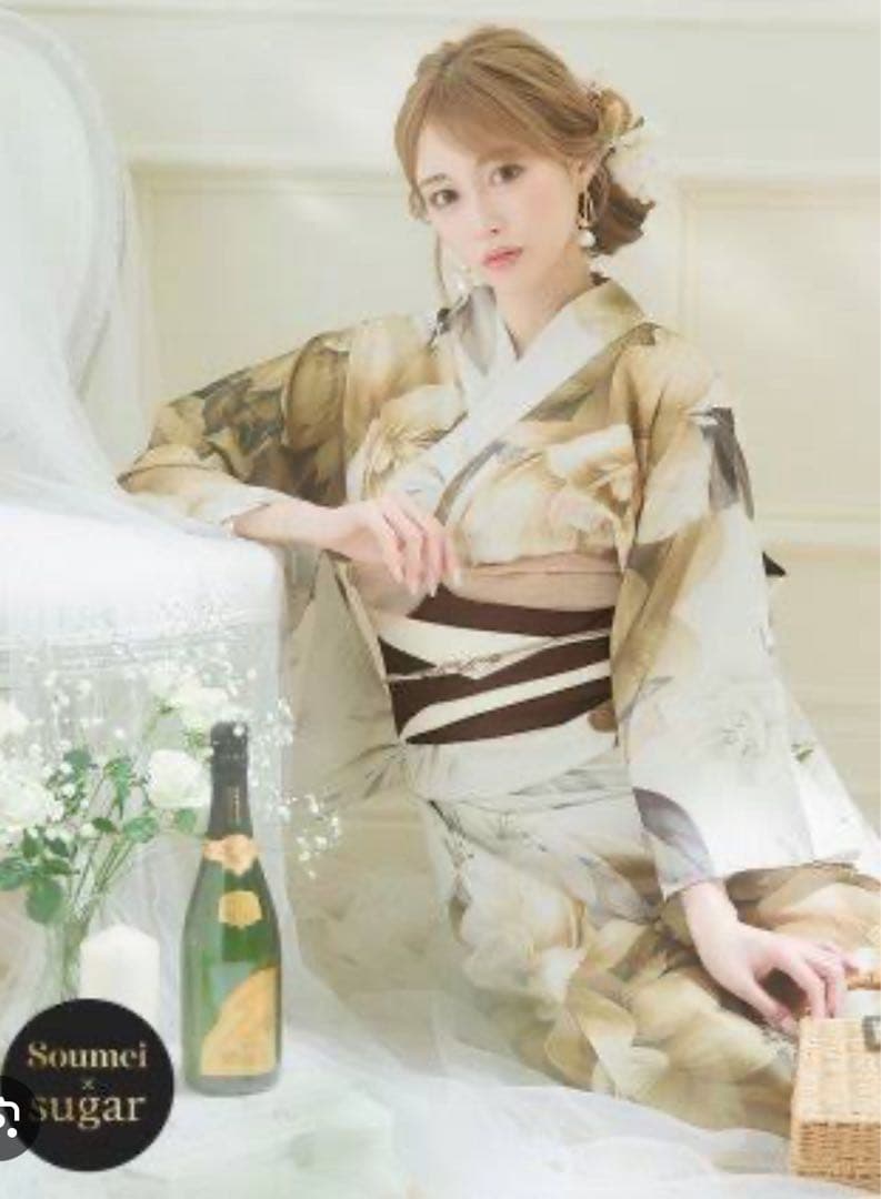 Sugar ブラウンベージュクラシックフラワー浴衣