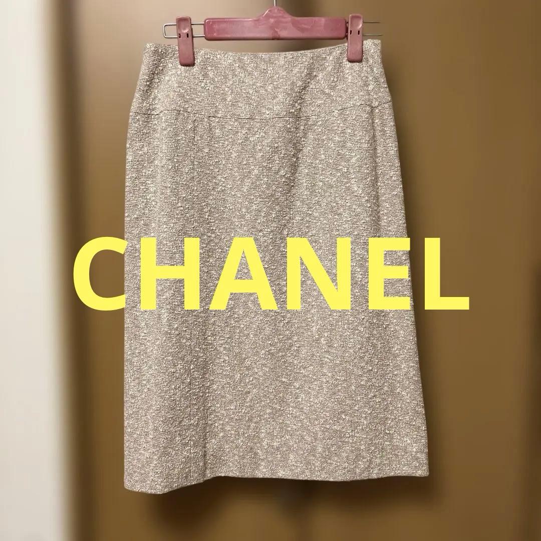 CHANEL ベージュツイードタイトスカート　98P 36
