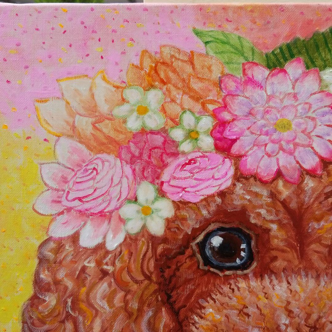 油絵　ちえ　花冠のかわいいトイプードル