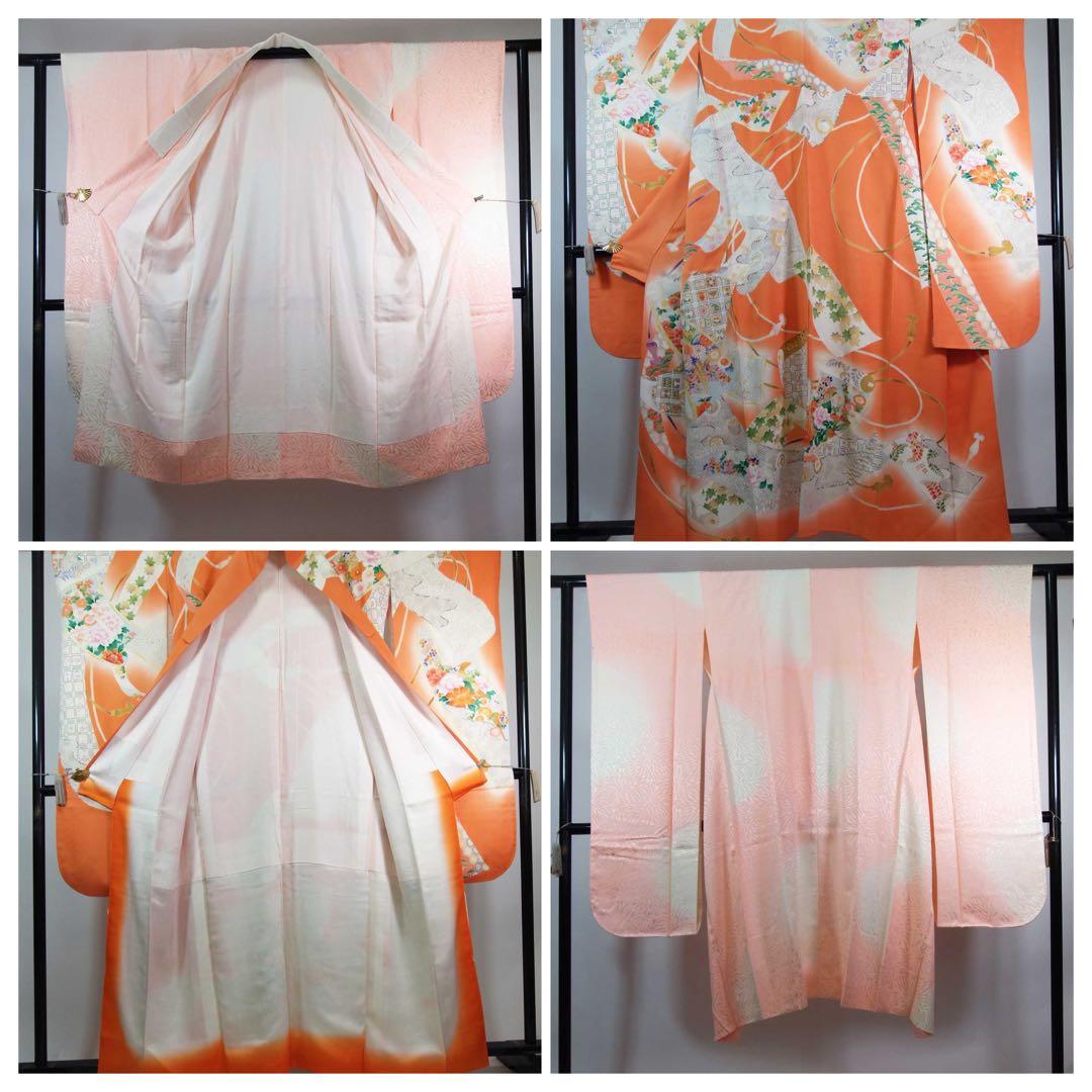 豪華3点セット】振袖／橙色　御所解文様＊吉祥文様尽くし／袋帯　長襦袢　晴れの日に