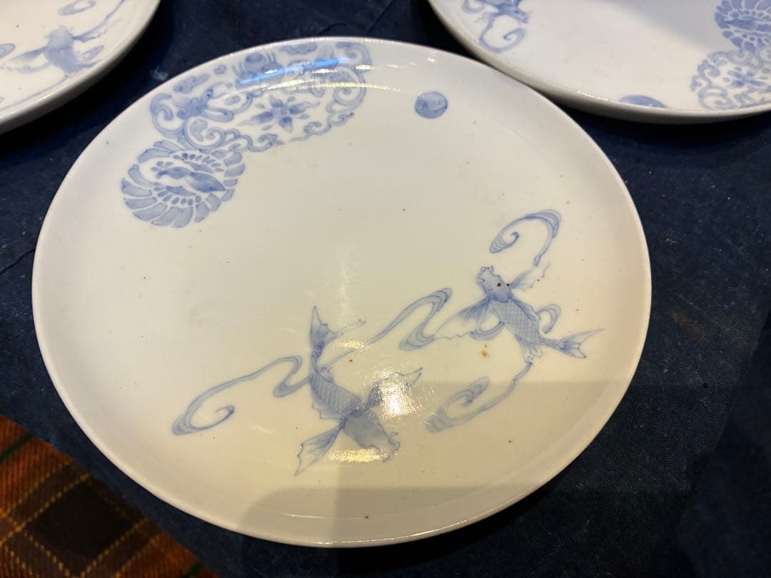 古伊万里写し　十二代武村利左衛門　染付七寸皿　5枚　傷無し金魚と丸紋