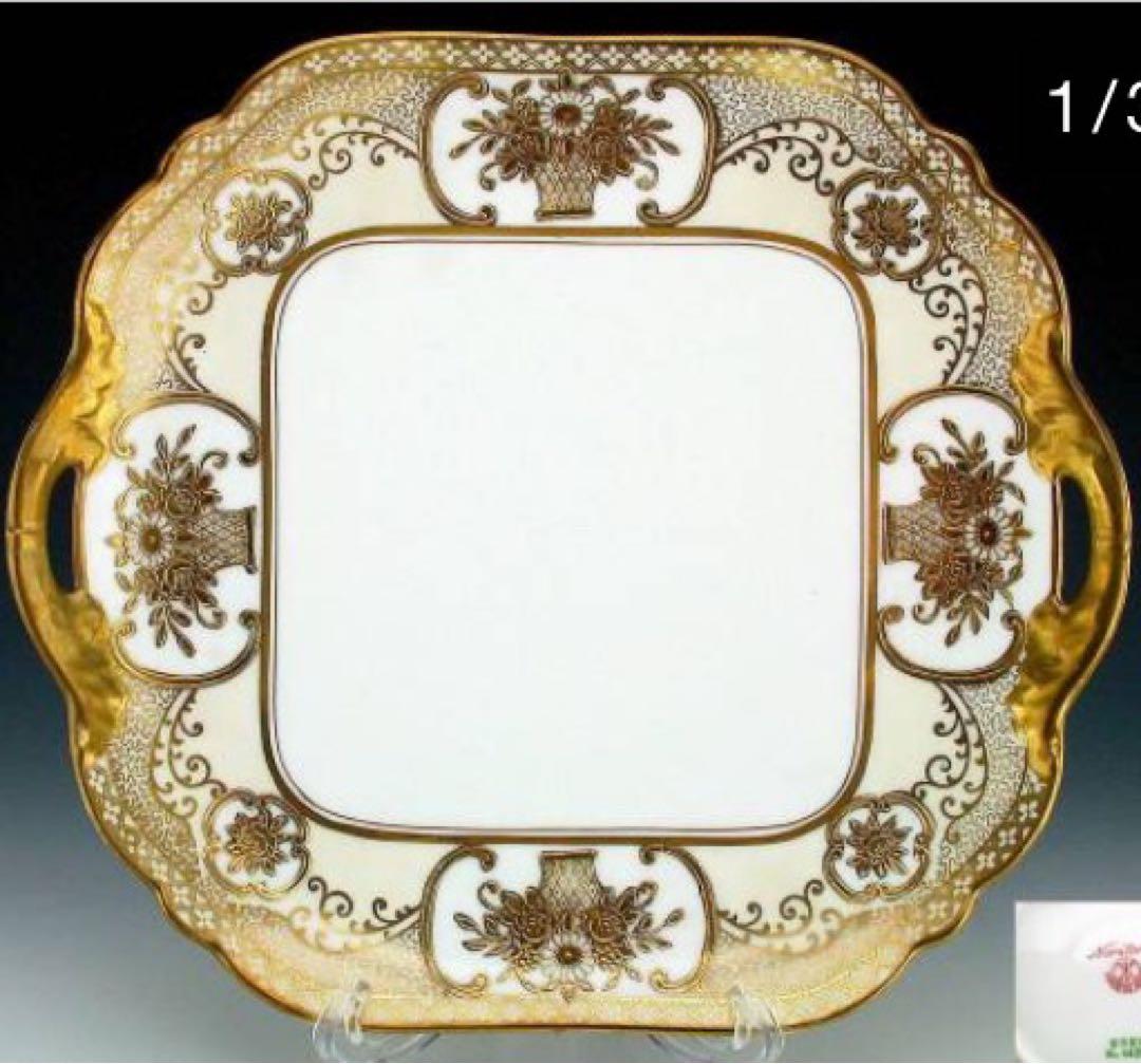 オールドノリタケ・金盛上花籠装飾図紋両耳皿