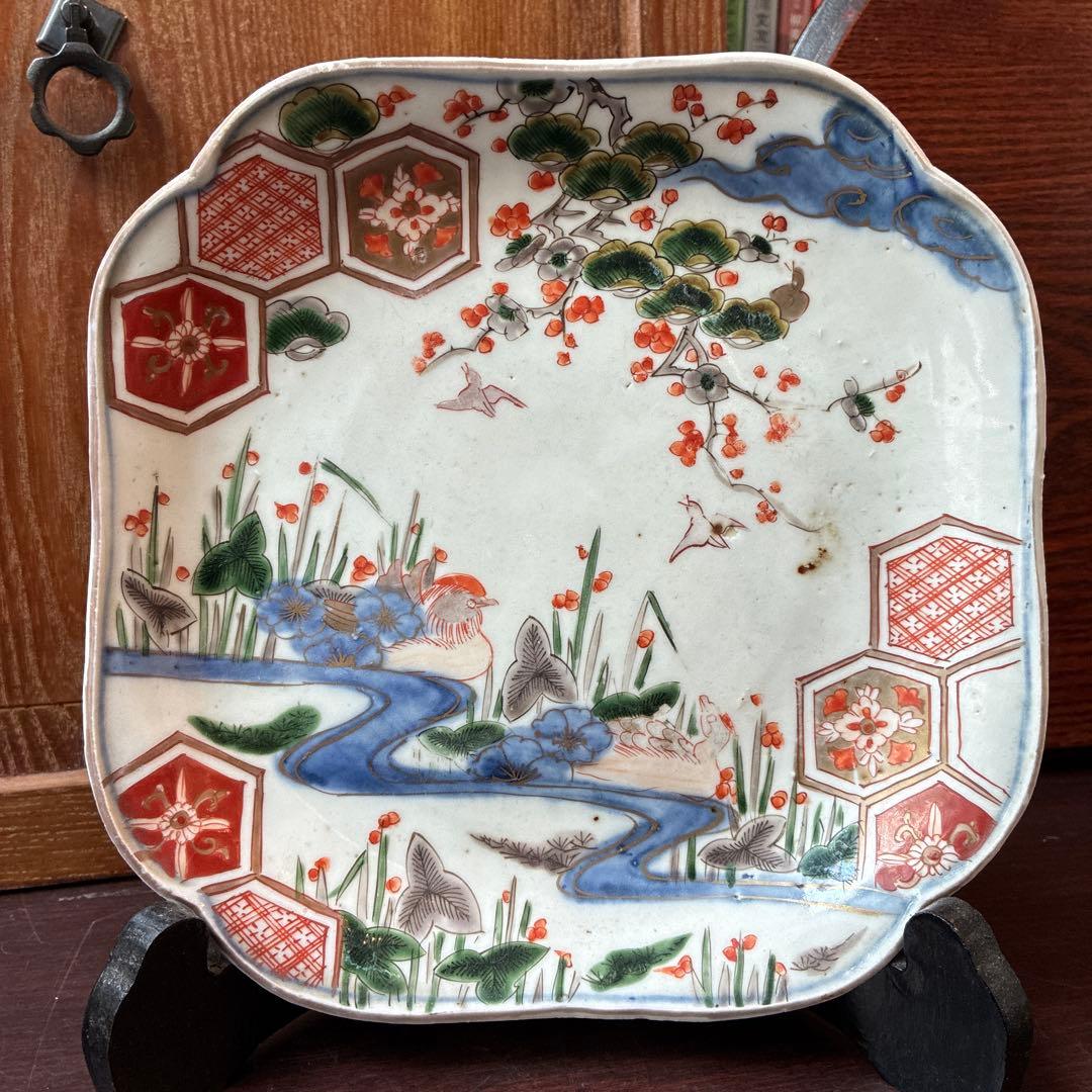 古伊万里　色絵　金彩　隅入角皿　20センチ×20センチ×高さ3.2センチ　傷無し