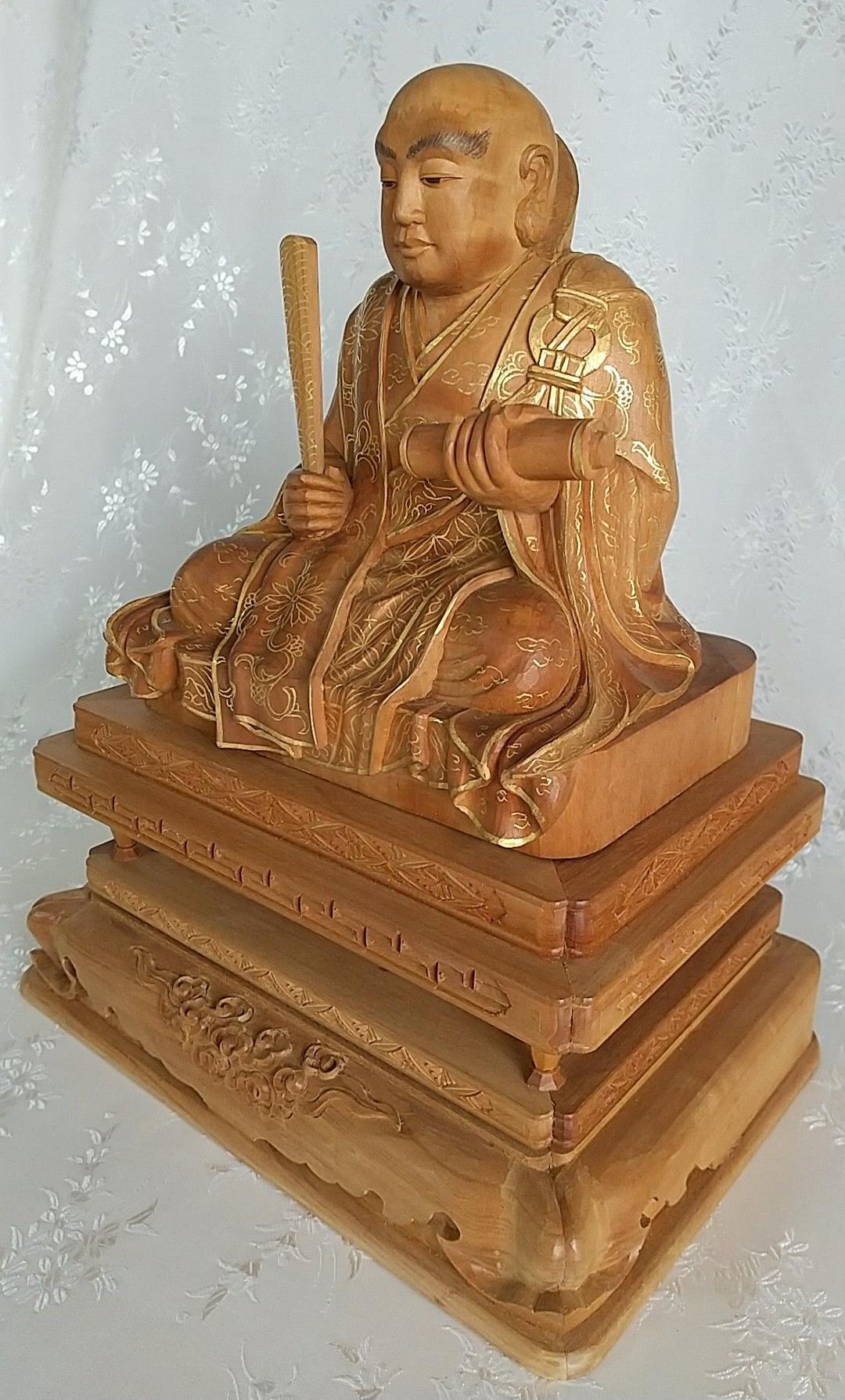 日蓮聖人坐像 3.5寸 #072 金彩有り ◆白檀 木彫 仏像