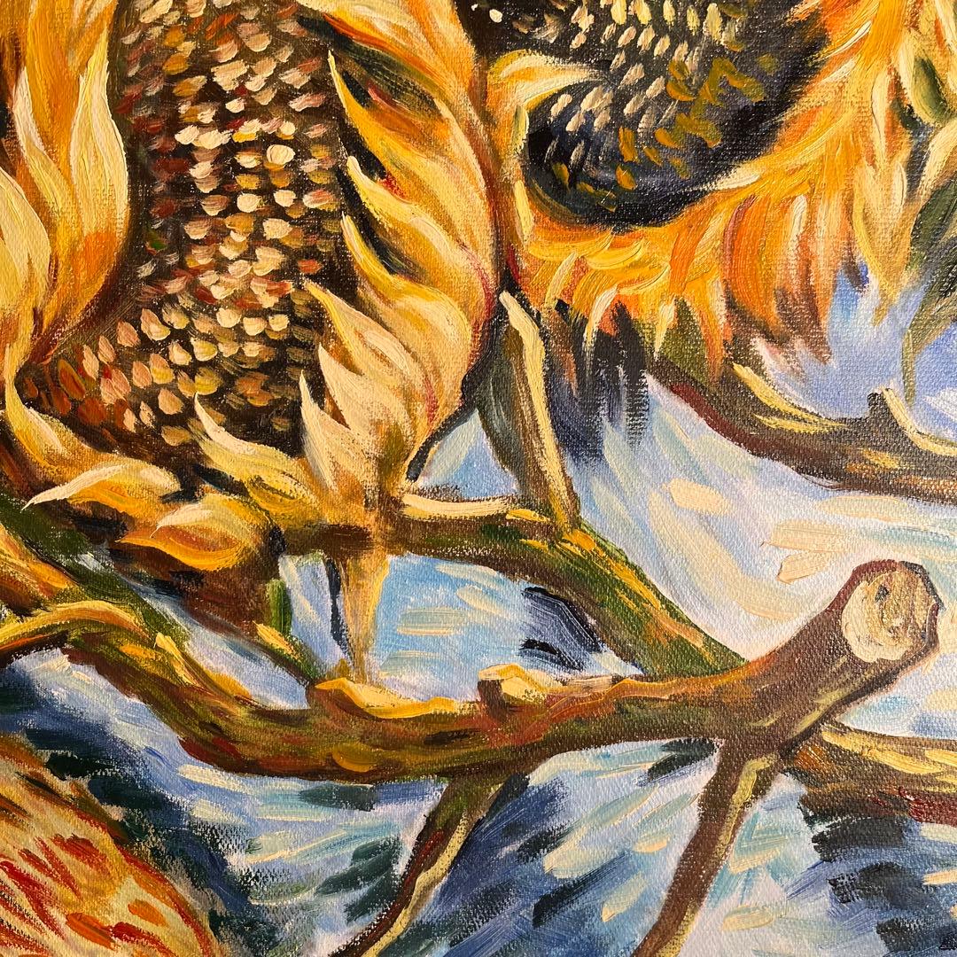 ★秀作★ 手書き油絵 ゴッホ 4本の切ったひまわり 肉筆絵画 額付き 油彩画