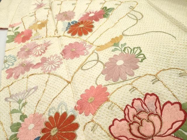 着物■豪華振袖　駒刺繍　総絞り　檜扇花文　金糸　正絹　逸品