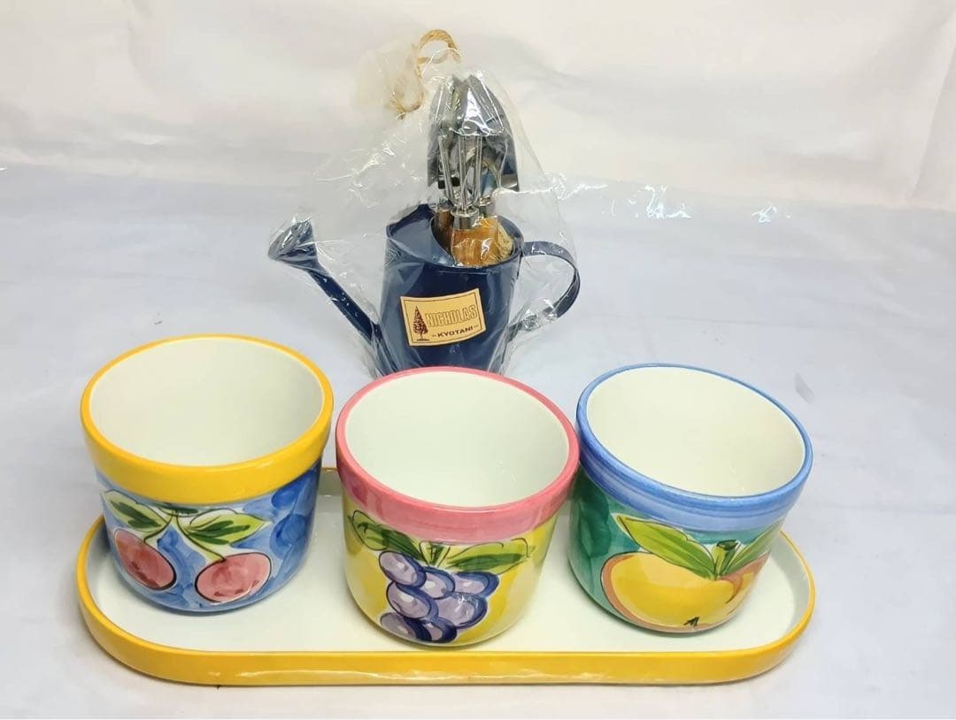 植木鉢 セット ポルトガル製　3鉢　陶器製　ジョウロ スコップ付き アンティーク