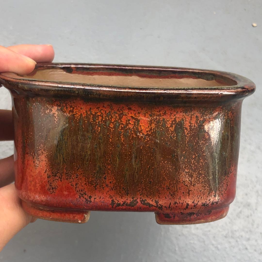 380.林盆華 赤鉄釉撫角長方 11.3*9.2*6cm 盆栽鉢 植木鉢