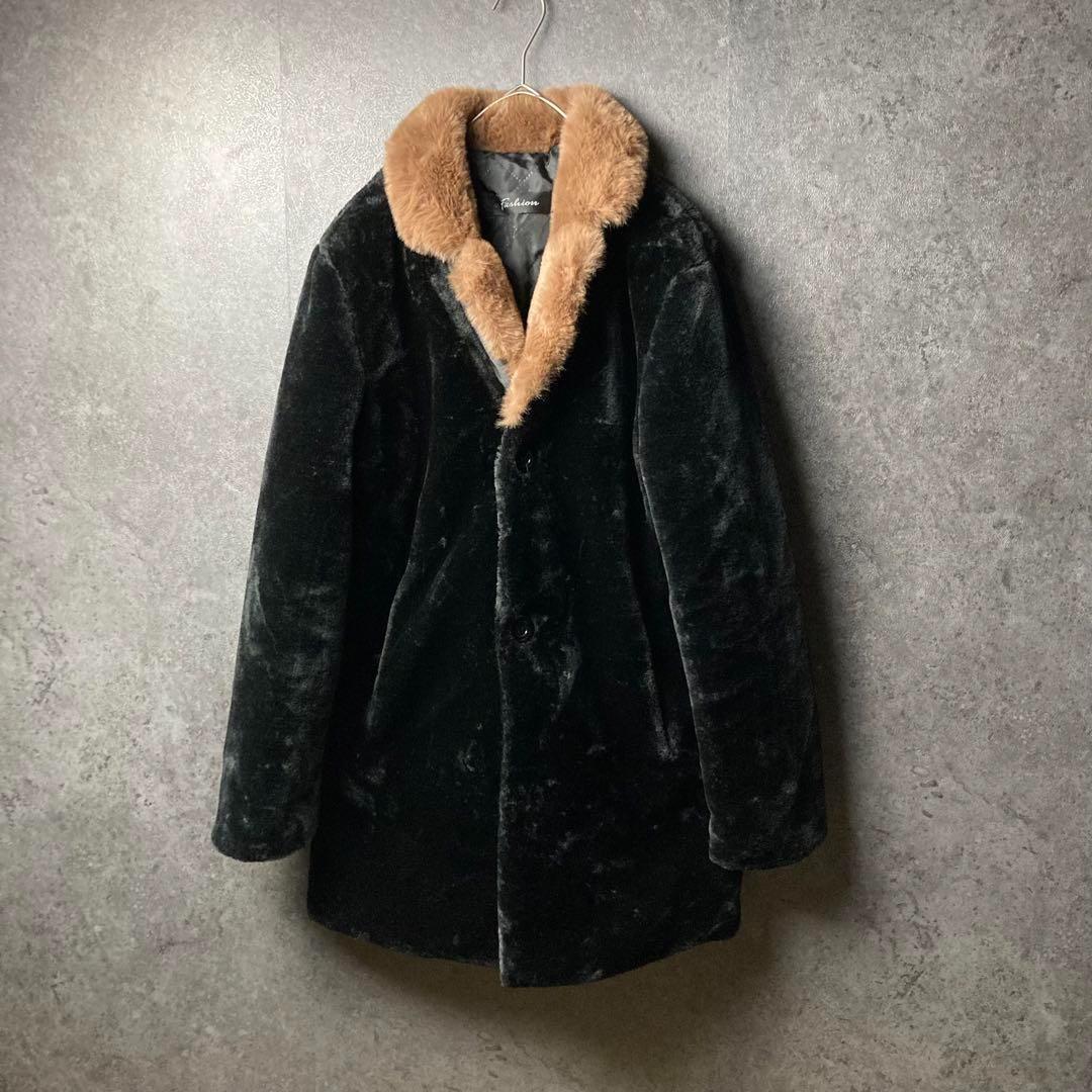 vintage ファーコート　フェイクファー　黒　ブラウン　レトロ
