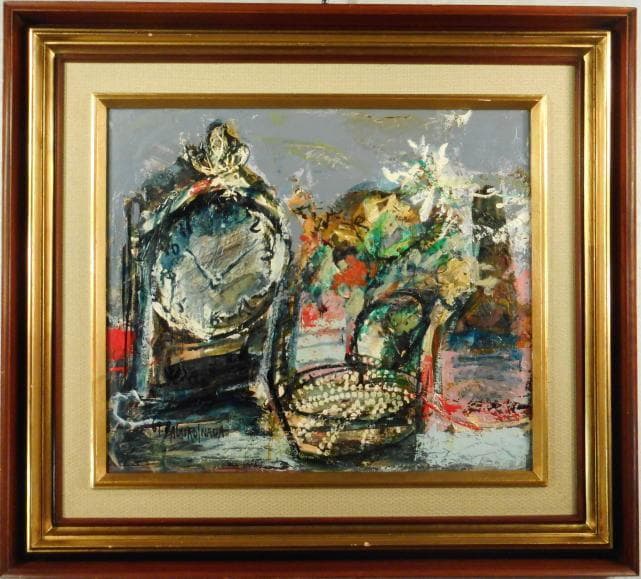 真作【稲田三郎／時計とウィスキー／油彩／原画／直筆サイン】