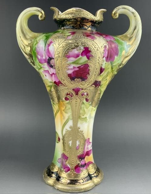 【大型】オールドニッポン 約30㎝ 芥子紋花瓶 アールヌーボー 金盛り ポピー