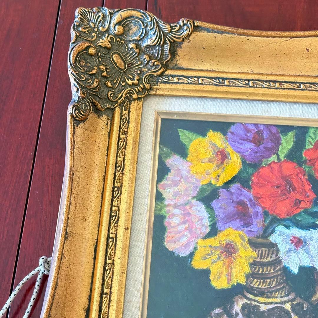 寺中靖直 油彩「花」 額装 和歌山県出身 新構造社委員 油絵 油画