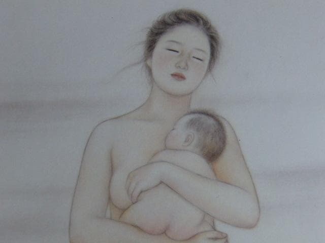 安田育代、【母と子】、希少な額装用画集より、新品額装付、状態良好