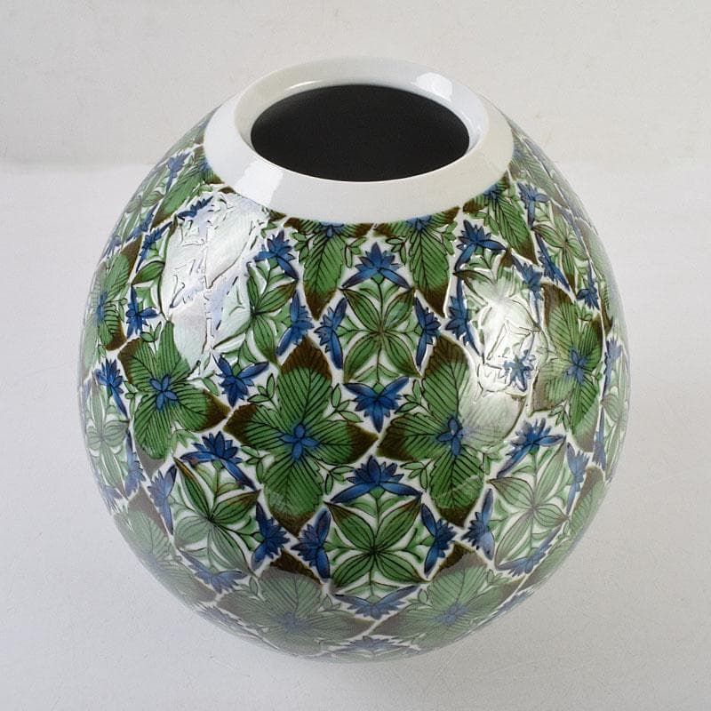 九谷焼　宮川哲爾造　色絵草花更紗文　壷　共布共箱　M　R9261H