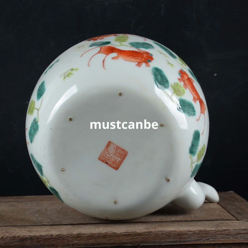 手画パステル金魚壺 提梁壺 茶壺 景徳鎮 陶磁器 煎茶器 現代工芸品 置物