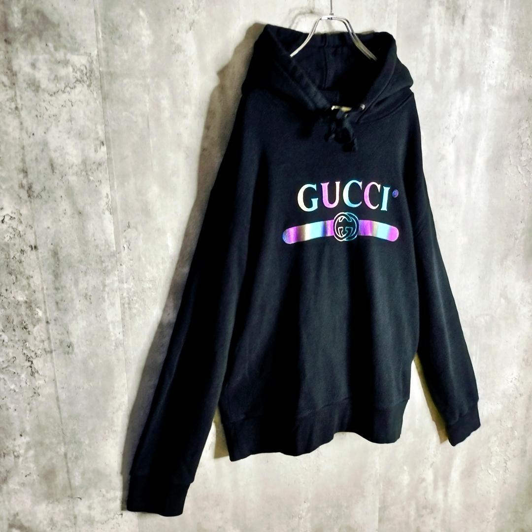 19SS★グッチ オーロラレインボーロゴ インターロッキングG パーカー 黒 L