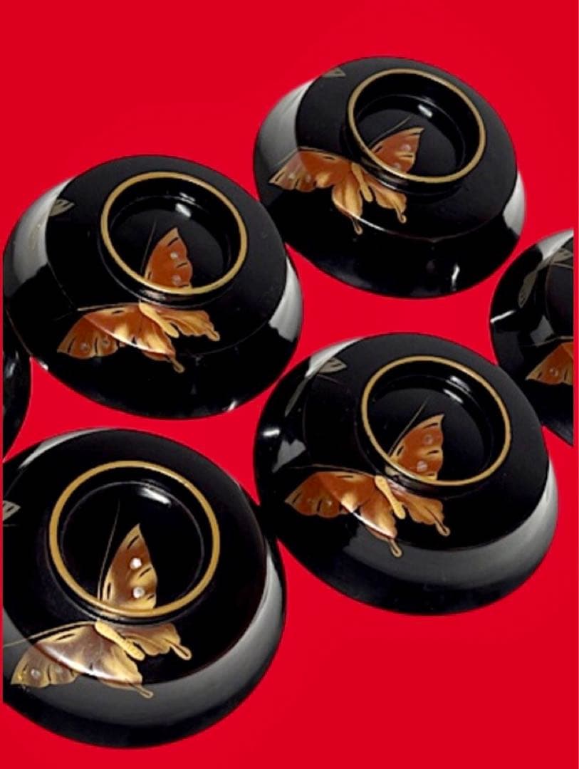 角形 螺鈿細工 漆器6客 金赤蒔絵蝶文 50年前 送込