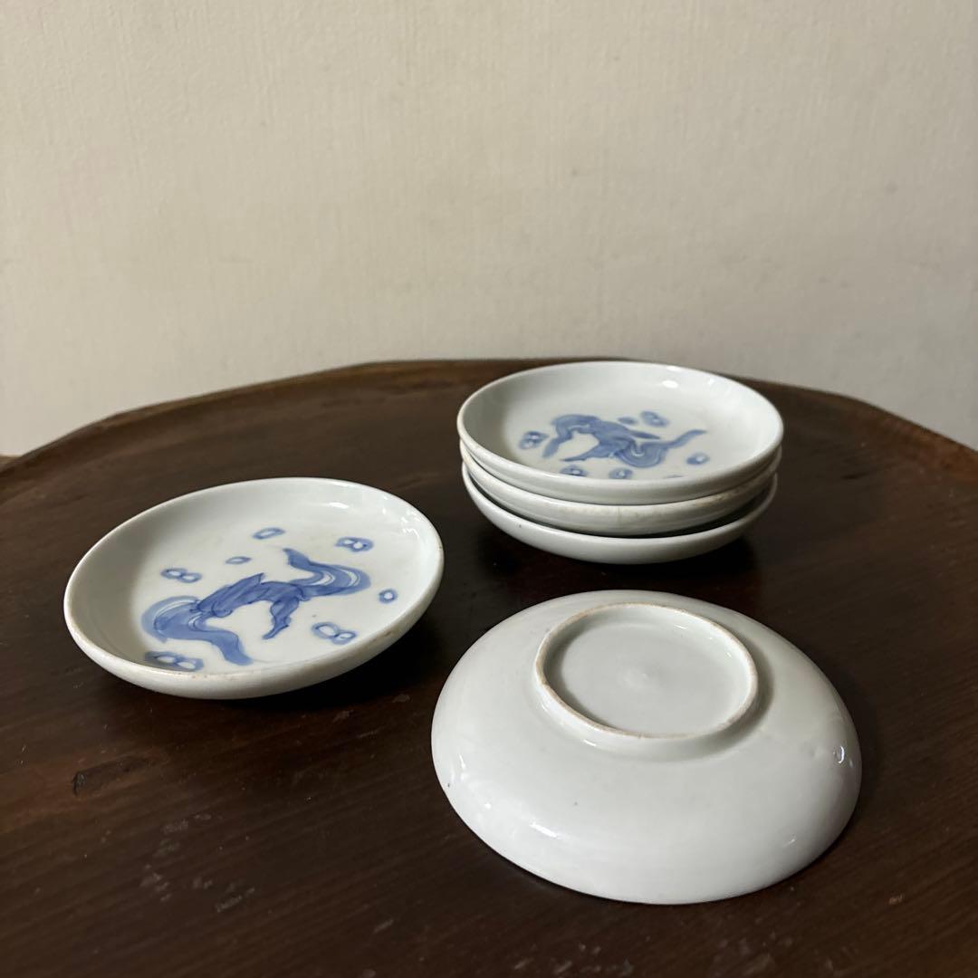 アンティーク　伊万里　うさぎ図染付小皿5点　幕末　明治　大正　検:白洲正子　李朝