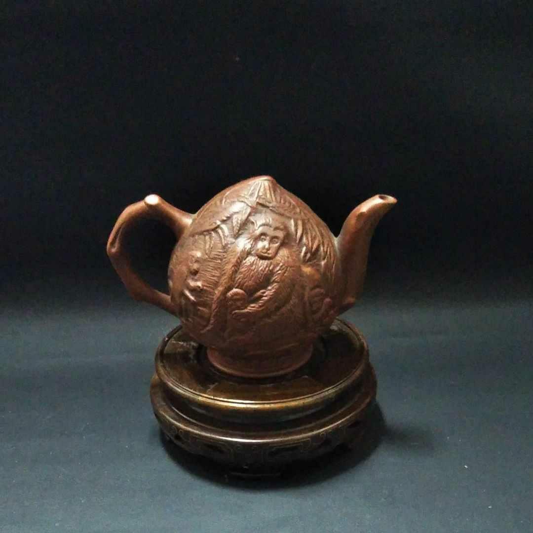 ※中国古美術/朱泥紫砂桃袁紋水滴/