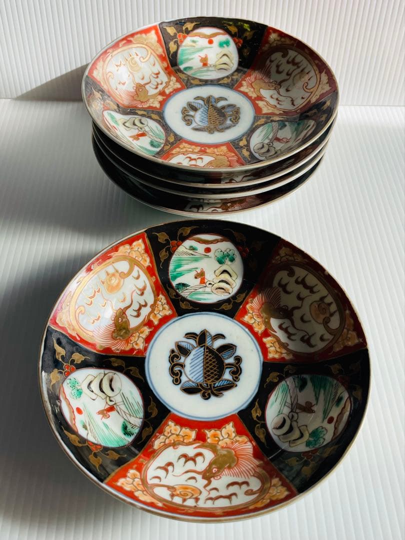 古伊万里染錦山水唐釣人図金彩雲龍文皿5枚セット